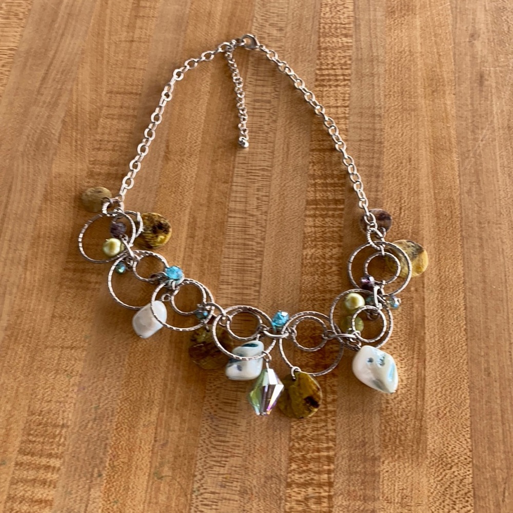 Necklace Shiny Silver Chain & Circular Attachments w/ Multi Colored Beads